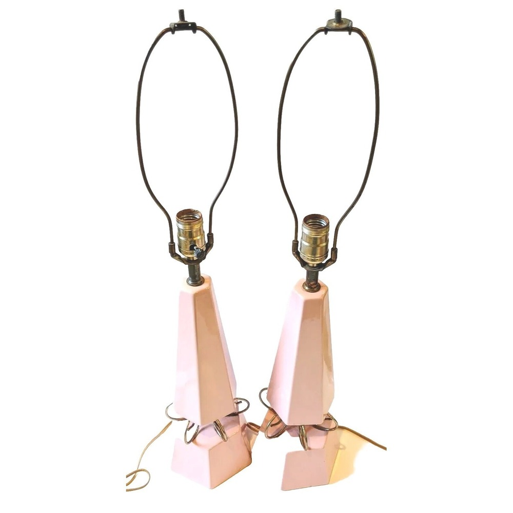 Set of 2 MCM Mid Century Table Lamps Pink Ceramic and Metal Design Retro